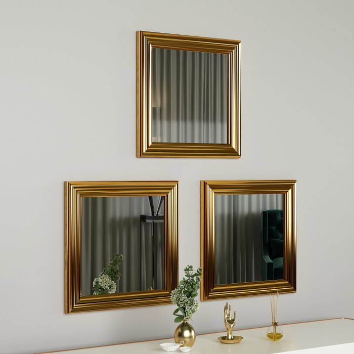 Hanah Home Juego de 3 Espejos Decorativos 'Otto - Gold' con Marco Dorado Brillante de MDF, 40x40x3 cm Hanah Home Juego de 3 Espejos Decorativos 'Otto - Gold' con Marco Dorado Brillante de MDF, 40x40x3 cm